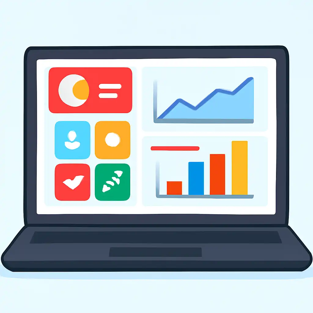 Laptop shown from the front displaying a colourful flat dashboard of abstract charts, bars and icon tiles (no text, no letters, no labels), Jai Club