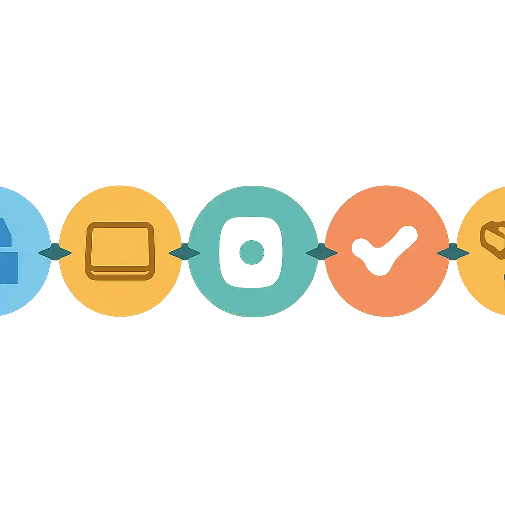 Five numbered circular icons connected by arrows in a horizontal flow, flat illustration, icons only, no words, Jai Club steps